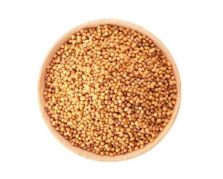 Bowl with mustard seeds on white background. Different spices