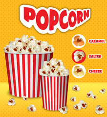 Popcorn paper boxes concept background. Realistic illustration of popcorn paper boxes vector concept background for web design