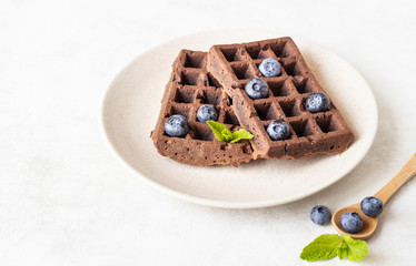 Chocolate brussels waffles with fresh blueberries and mint on a plate.