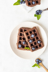 Chocolate brussels waffles with fresh blueberries and mint on a plate.