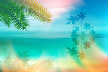 Summer sea with island and palm trees and palm leaves. EPS10 vector.