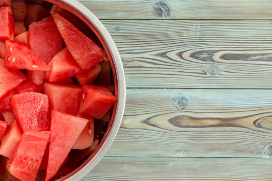 Chilled Metal Bowl Full Of Diced Watermelon