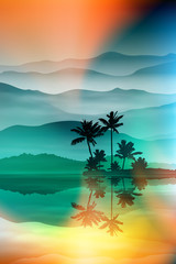 Summer background with sea and palm trees at night. EPS10 vector.