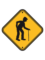 schild achtung danger gefahr vorsicht hinweis warnung stock hut gehen r&uuml;cken opa gro&szlig;vater alt rente enkel mann geburtstag silhouette schwarz umriss schatten