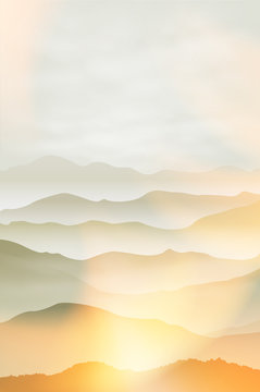 Mountains in the fog. Summer background EPS10 vector.