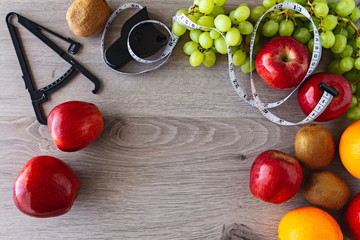 Healthy and natural varied fruit for a healthy life. Diet and nutrition. Top view. Copyspace