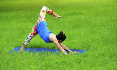 Fototapeta na wymiar A woman is practicing yoga on the grass