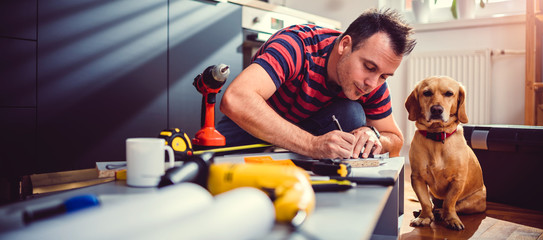 Man with dog building kitchen cabinets