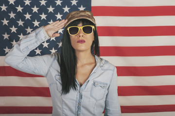 happy woman on American flag background