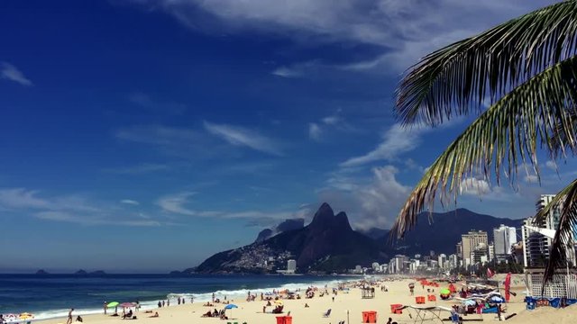 Bright scenic morning view of Ipanema Beach with Two Brothers Mountain on the skyline