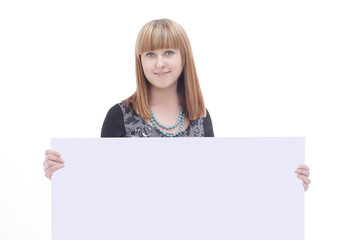 young business woman showing blank poster .isolated on white