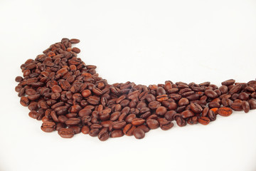 black coffee beans on white background.photo with copy space