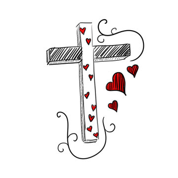 recommend clip art: hand drawn cross and hearts illustration, religious symbol for church bulletins and other clipart designs, inspirational Easter or Good Friday drawing