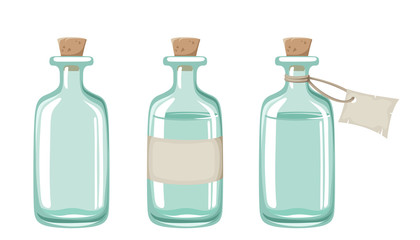 Set of three blue glass bottles isolated on a white background.