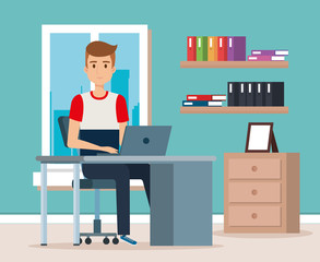 young man in the workplace scene vector illustration design