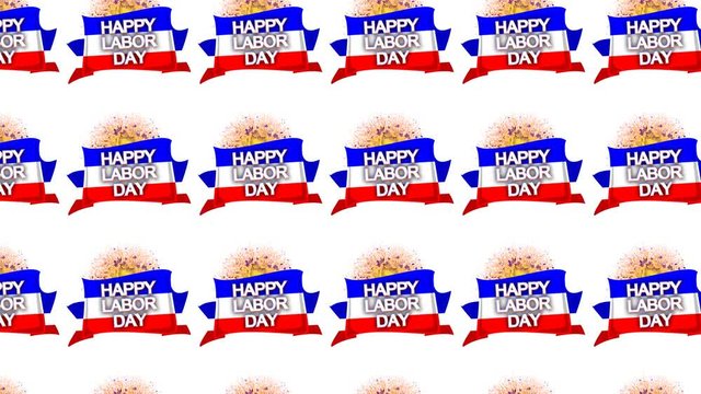 Scrolling Blue White Red Labor Day Flag with Fireworks Flat Design Animation Background Overlay with Alpha Embedded UHD 4K