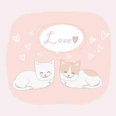 Cute adorable cat kitten lover couple with love sign and heart shape cartoon doodle in pastel color background