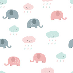 Cute adorable pastel baby elephant and cloud cartoon seamless pattern background wallpaper