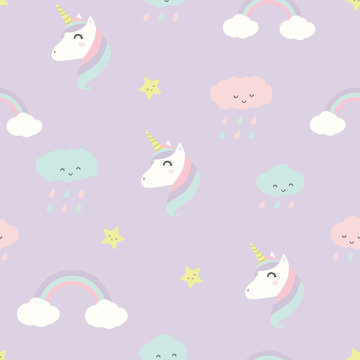 Cute adorable pastel baby unicorn faces and cloud rainbows cartoon seamless pattern background wallpaper