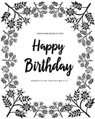 Happy birthday floral frame, vector doodle invitation background