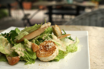 Green salad with toasted bread pieces and a chunks of chicken in a white plate, 