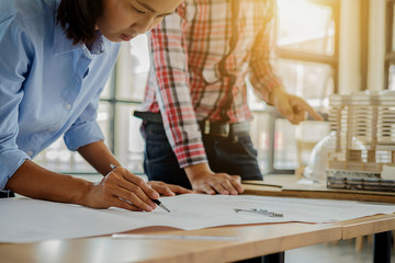 Architect Engineer Design Working on Blueprint Planning Concept. Construction Concept