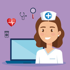 laptop with doctor character and telemedicine icons vector illustration design