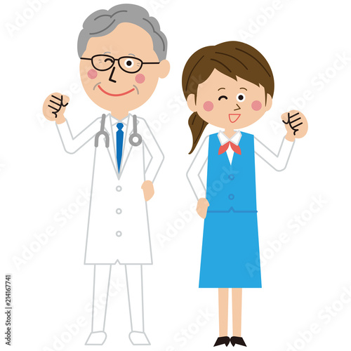 ポップな年を重ねた医者と受付の女性がガッツポーズ Wall Mural Yoshidaakiko1223