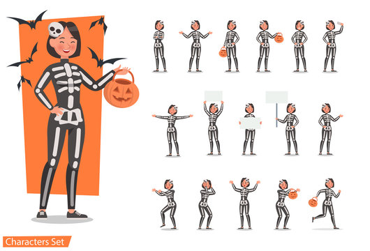 Halloween skeleton Costumes  with pumpkin character vector design. no5
