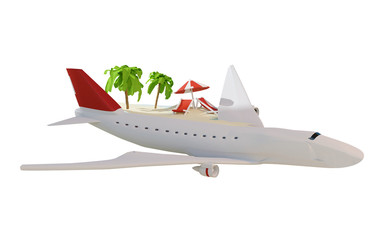 airplane flight with lounge and umbrella on sand beach island 3d-illustration