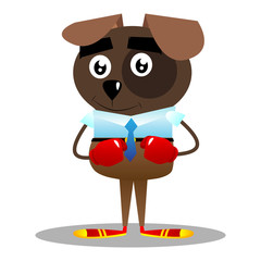 Cartoon illustrated business dog holding his fists in front of him ready to fight wearing boxing gloves.