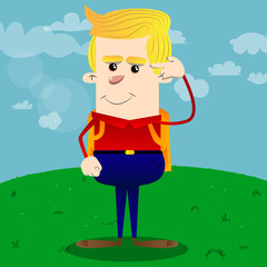 Schoolboy puting an imaginary gun to his head. Vector cartoon character illustration.