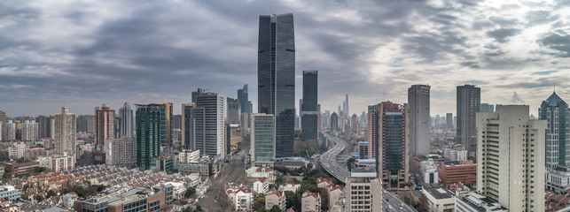 Aerial view of highway and buildings in West Yan`an road, Shanghai city on a cloudy day