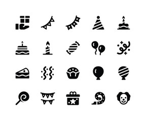 Simple Set of Camping Related Vector Glyph Icons. Contains such Icons as gift, bunting, party, birthday, decoration and More. pixel perfect vector icons based on 32px grid. Well Organized and Layered.