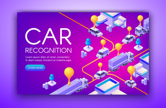 Car recognition vector illustration of vehicle registration plates and speed detection ANPR technology. Location tracking radar and road traffic rule violation cameras on purple ultraviolet background