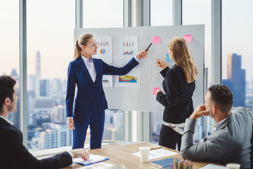 Young asian business people with presentation during business meeting in office, financial report, presentation chart, business presentation and teamwork concept