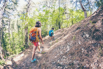 Obraz premium A woman and her child walk along a forest trail.