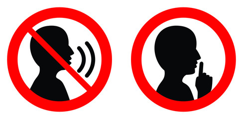 Keep quiet / silent please sign. Crossed person talking / Shhh icon in circle. - obrazy, fototapety, plakaty