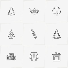 Winter line icon set with tree, jacket and fireplace