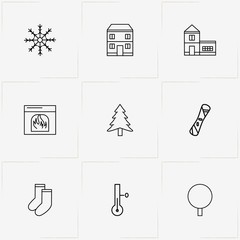 Winter line icon set with snowboard , fireplace and house