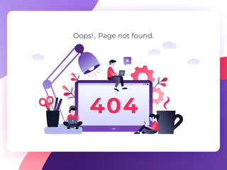 Flat Concept 404 Error Page or File not found for web page, banner, presentation, social media, documents. Website maintenance error, webpage under construction. Vector ultraviolet landing page