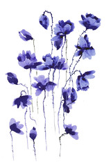 Naklejka na ściany i meble Purple poppy flowers on white background, watercolor hand painted