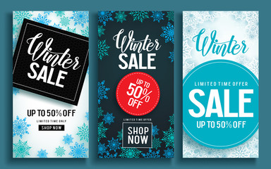 Winter sale vector poster template set with discount text and snow elements in different backgrounds for holiday shopping promotion. Vector illustration.
