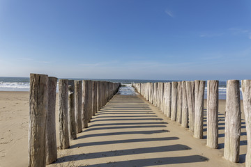 The Timber Piles throw their shadow on the Domburg Beach / Netherlands