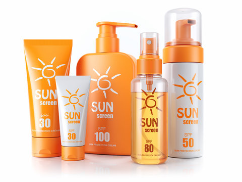 Set of sunscreens. Cream, oil and spray. 3d render