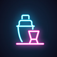 Obraz premium Bottle and shot drink neon icon. Alcoholic beverage symbol. Logo in retro style for night clubs, bars, pubs, happy hour, menu and other design needs. Vector illustration isolated on black