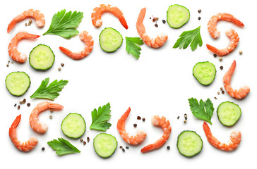frame of boiled prawns and fresh cucumber