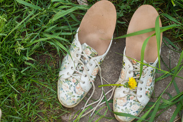 Leather orthopedic insoles with running shoes on the grass. Healthy relax on nature. Outdoors.