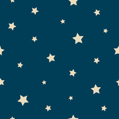 Seamless abstract pattern with yellow stars of different size on dark blue background. Vector illustration.