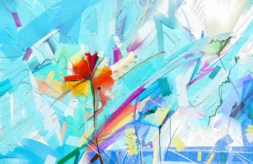 Abstraktes buntes Ölgemälde auf Leinwand. Halb abstraktes Bild von Blumen, in grün und rot mit blauer Farbe. Handgezeichneter Pinselstrich, Ölfarbenbilder. Ölgemälde der modernen Kunst für Hintergrund © nongkran_ch